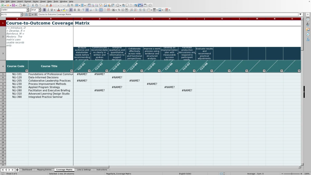 Capture 3 : feuille Coverage Matrix — curriculum mapping matrix