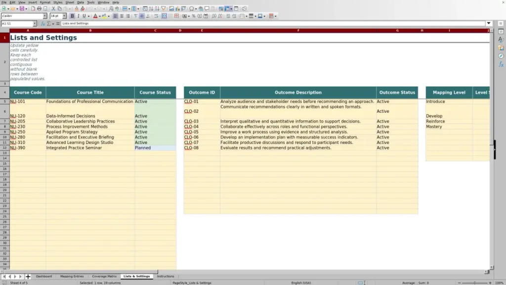 Preview of the Lists & Settings sheet in Free Curriculum Mapping Matrix Excel Template 2026