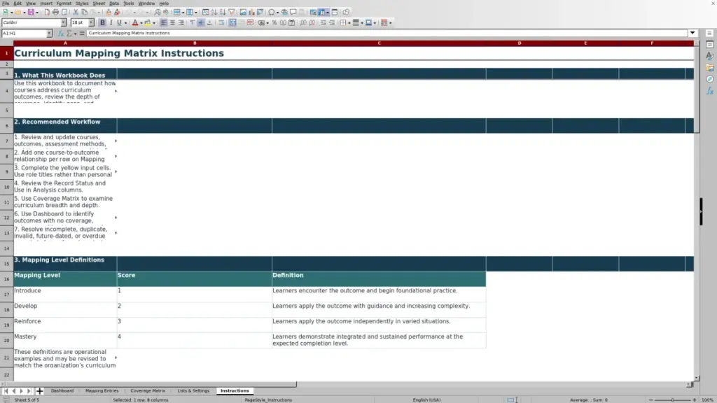Preview of the Instructions sheet in Free Curriculum Mapping Matrix Excel Template 2026