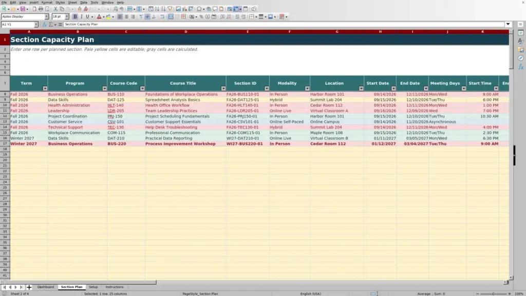 Preview of the Section Plan sheet in Free Enrollment Capacity Planner Excel Template 2026