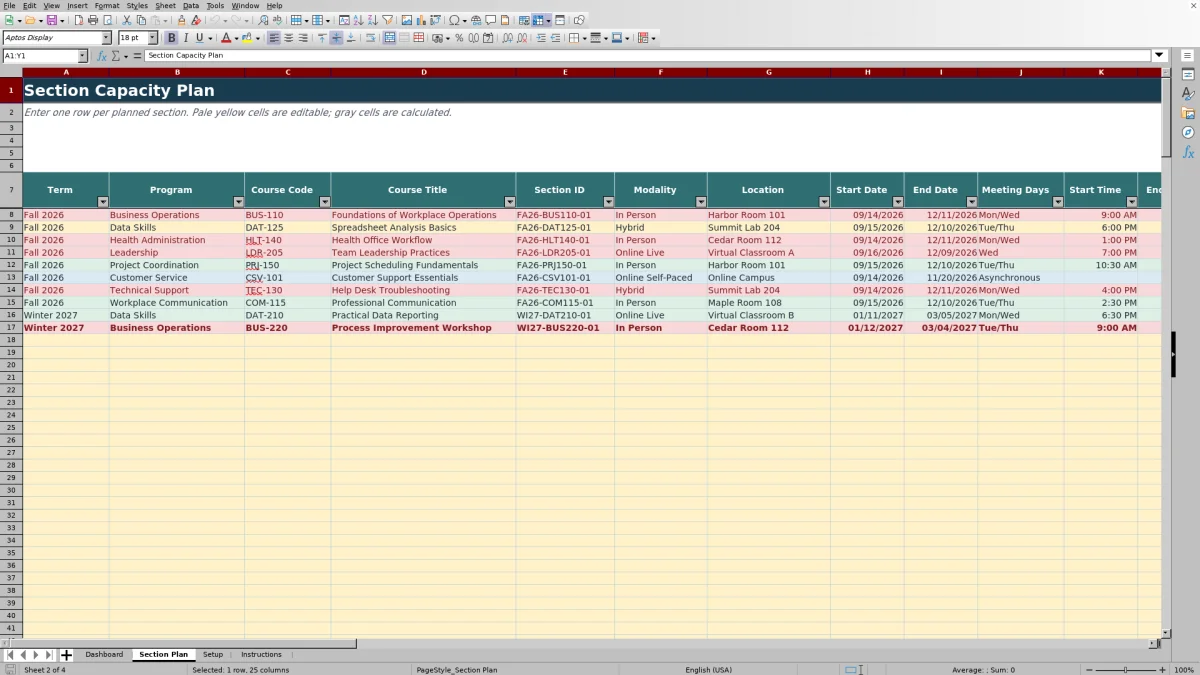 Capture 2 : feuille Section Plan — enrollment capacity planner