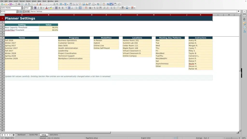 Preview of the Setup sheet in Free Enrollment Capacity Planner Excel Template 2026