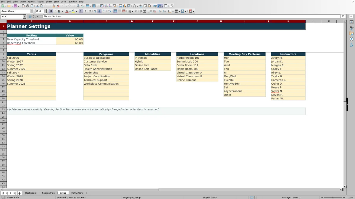 Capture 3 : feuille Setup — enrollment capacity planner