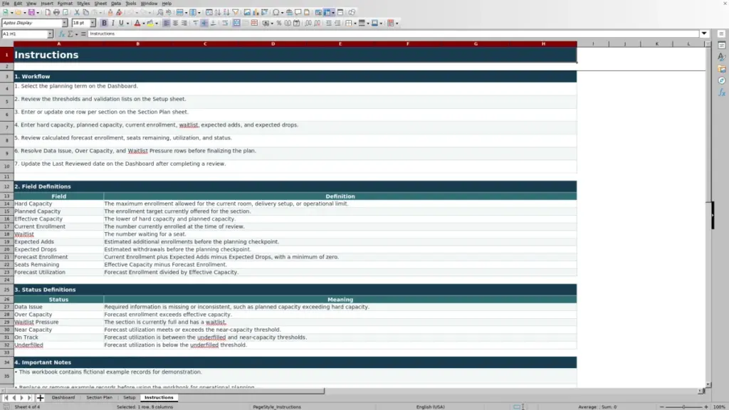 Preview of the Instructions sheet in Free Enrollment Capacity Planner Excel Template 2026