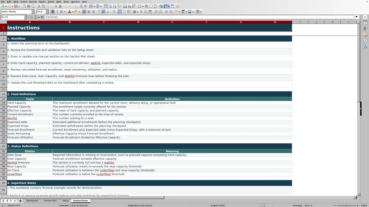 Capture 4 : feuille Instructions — enrollment capacity planner