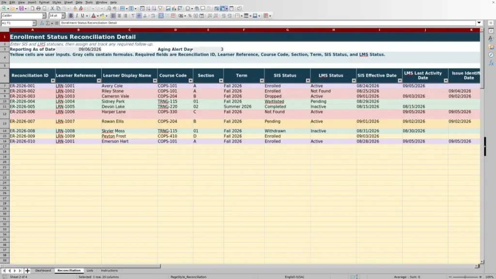 Preview of the Reconciliation sheet in Free Enrollment Status Reconciliation Excel Template 2026