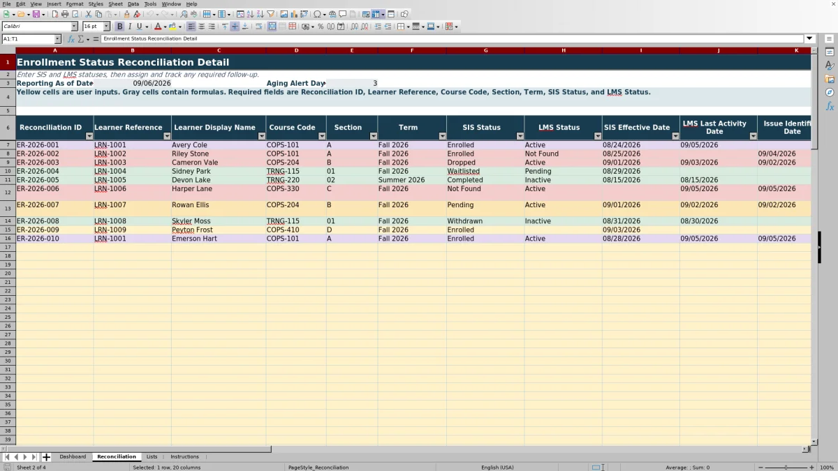 Capture 2 : feuille Reconciliation — enrollment status reconciliation