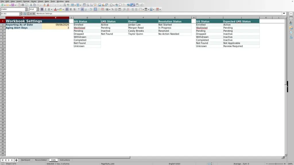 Preview of the Lists sheet in Free Enrollment Status Reconciliation Excel Template 2026