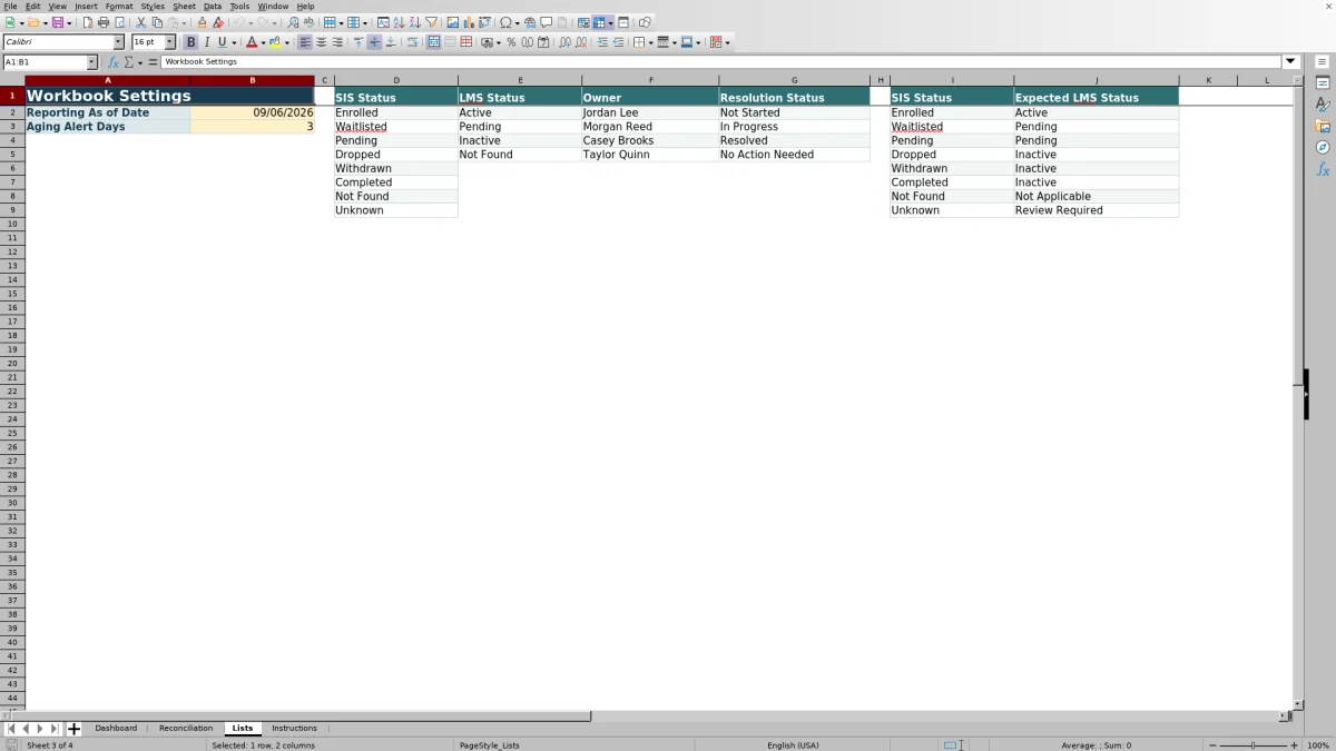 Capture 3 : feuille Lists — enrollment status reconciliation