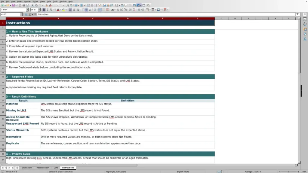 Preview of the Instructions sheet in Free Enrollment Status Reconciliation Excel Template 2026
