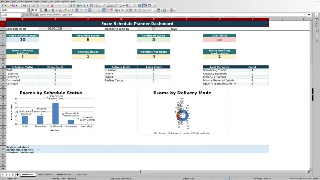 Preview of the Dashboard sheet in Free Exam Schedule Planner Excel Template 2026