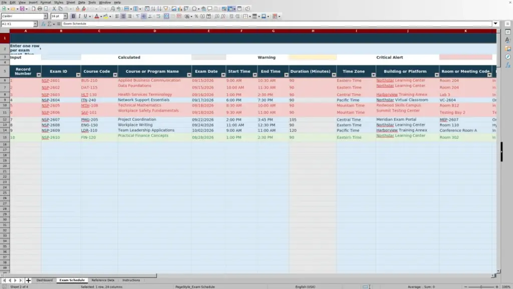 Preview of the Exam Schedule sheet in Free Exam Schedule Planner Excel Template 2026