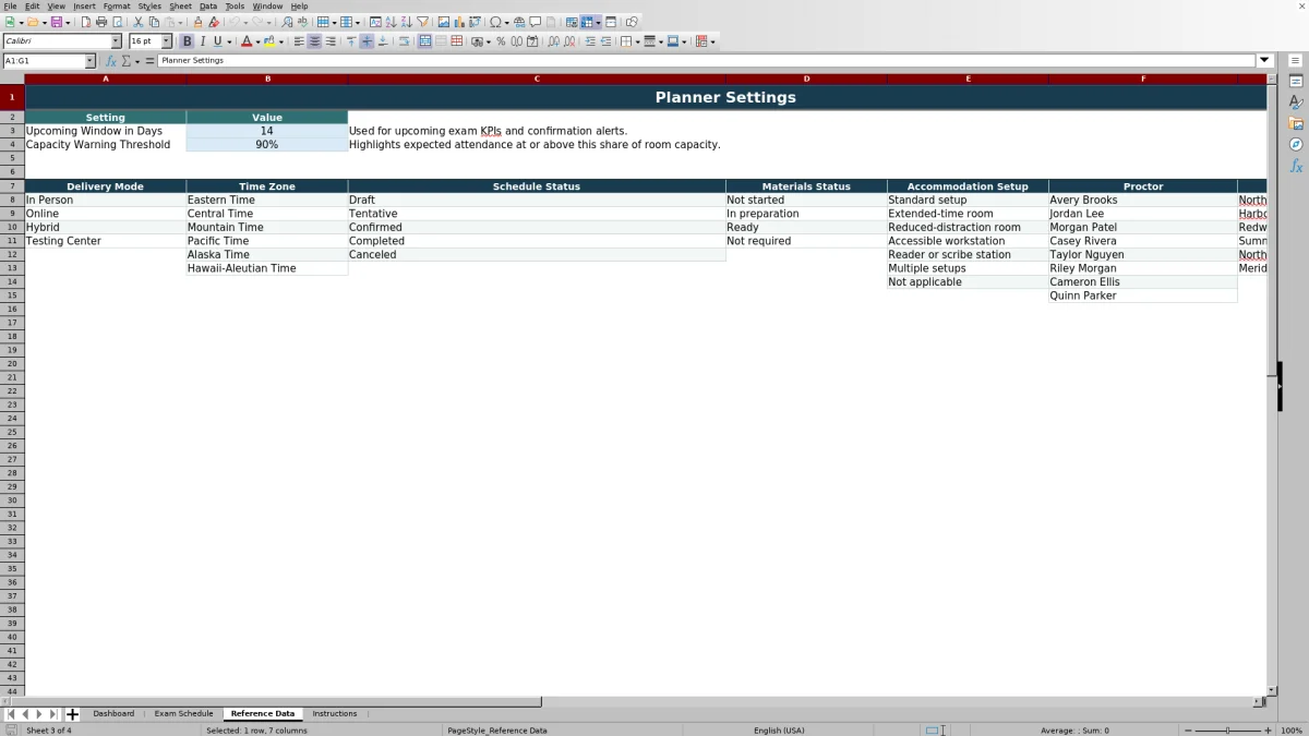 Capture 3 : feuille Reference Data — exam schedule planner