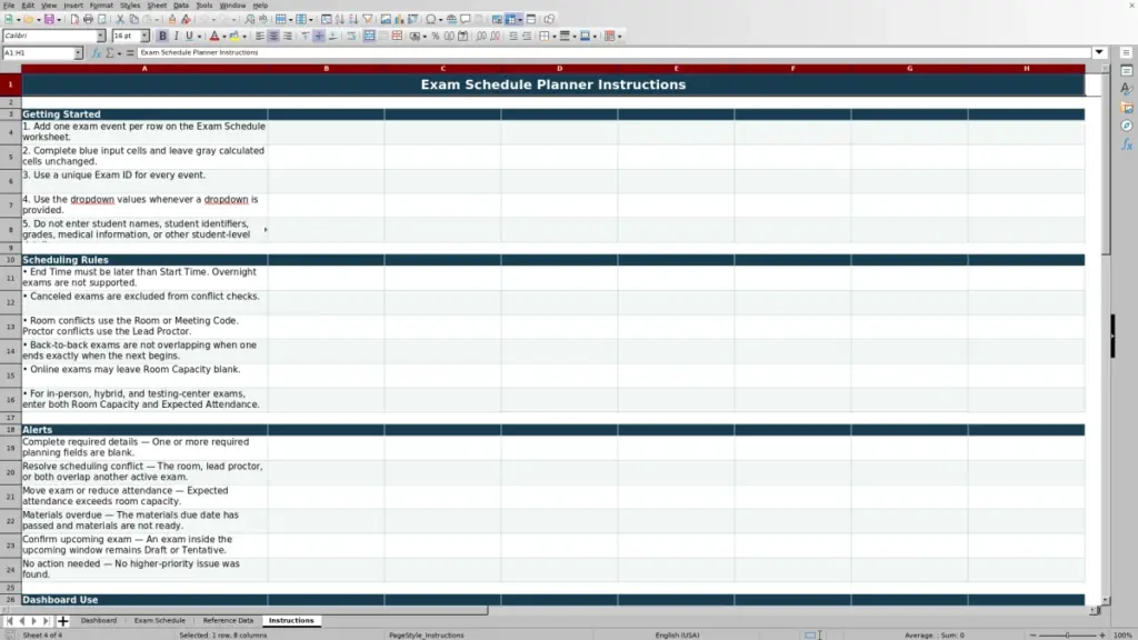 Preview of the Instructions sheet in Free Exam Schedule Planner Excel Template 2026