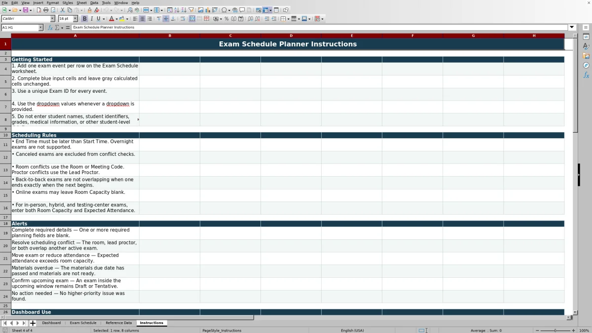 Capture 4 : feuille Instructions — exam schedule planner