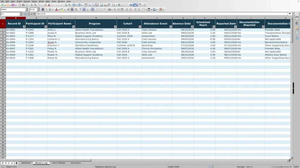 Preview of the Absence Log sheet in Free Excused Absence Documentation Log Excel Template 2026