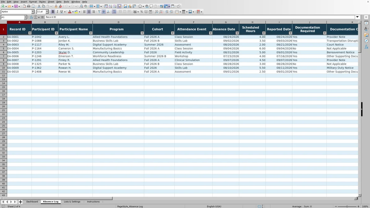 Capture 2 : feuille Absence Log — excused absence documentation log