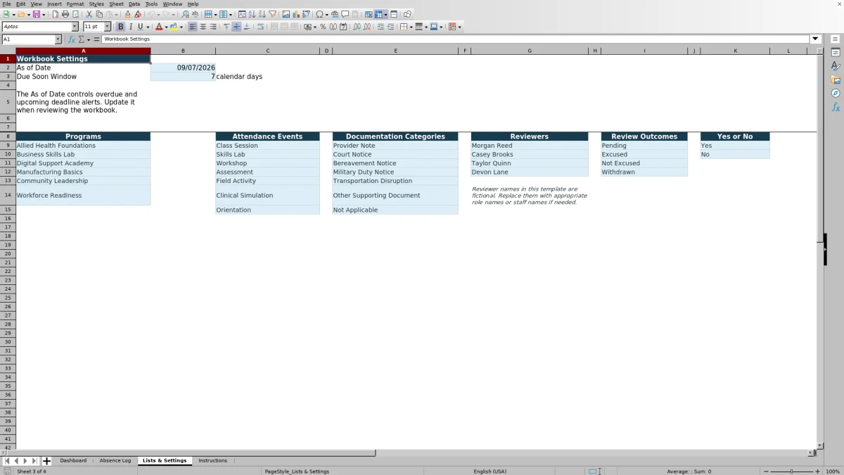 Capture 3 : feuille Lists & Settings — excused absence documentation log