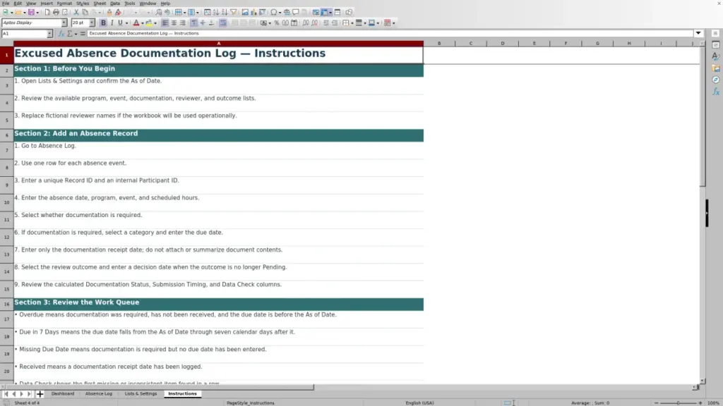 Preview of the Instructions sheet in Free Excused Absence Documentation Log Excel Template 2026