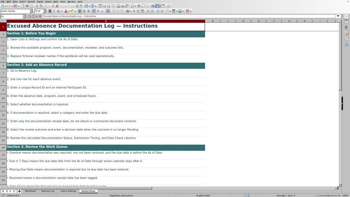 Capture 4 : feuille Instructions — excused absence documentation log