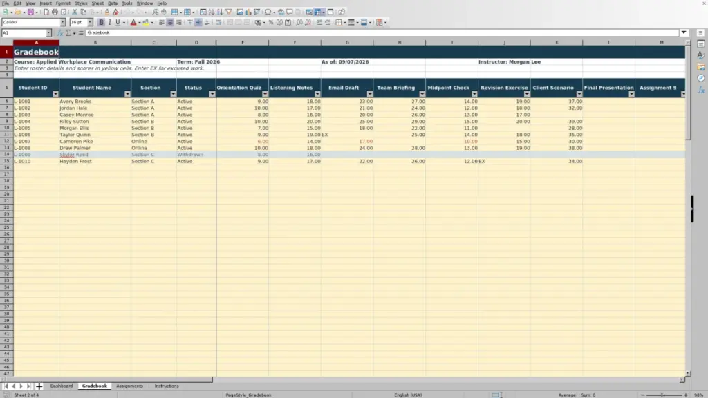 Preview of the Gradebook sheet in Free Gradebook Template for Excel 2026