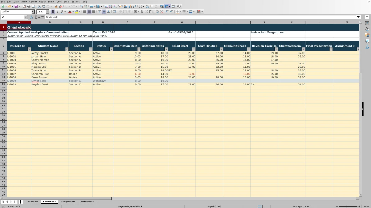 Capture 2 : feuille Gradebook — gradebook template
