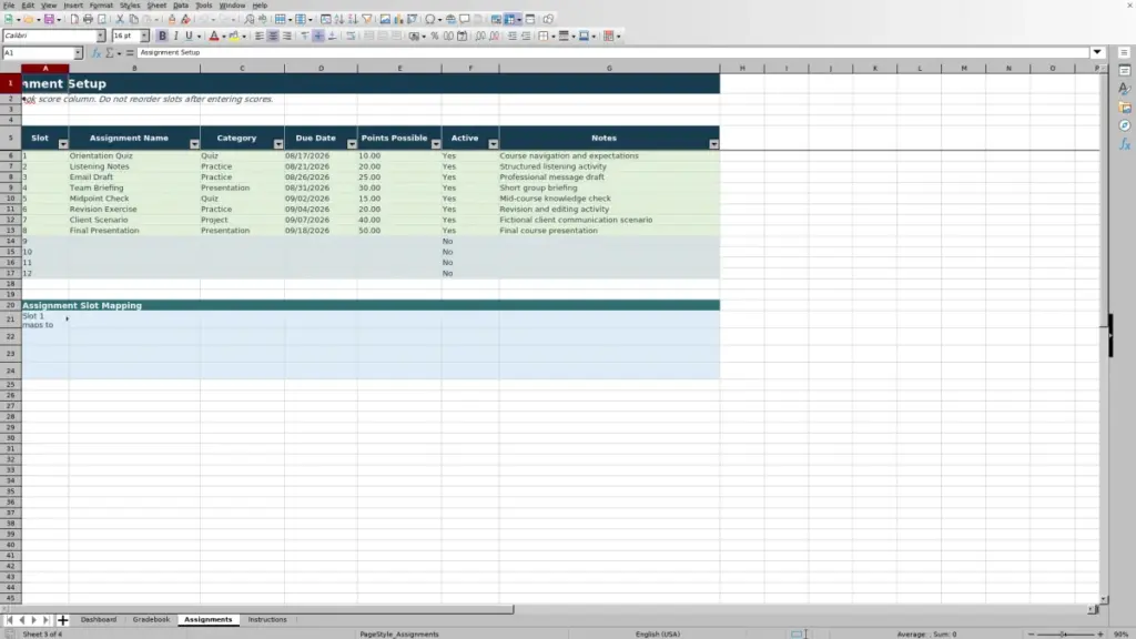 Preview of the Assignments sheet in Free Gradebook Template for Excel 2026