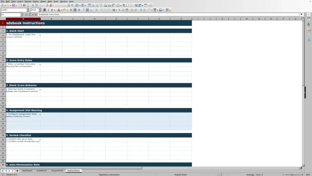 Preview of the Instructions sheet in Free Gradebook Template for Excel 2026