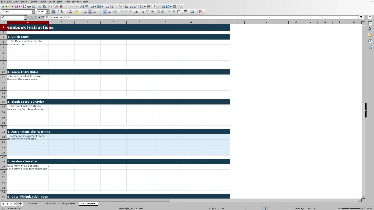Capture 4 : feuille Instructions — gradebook template