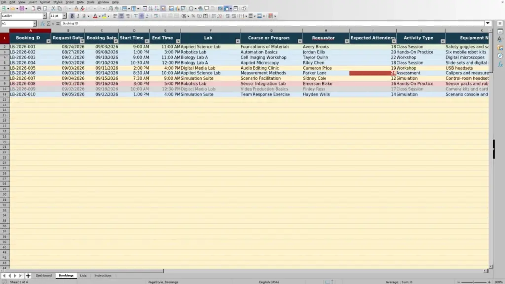 Preview of the Bookings sheet in Free Lab Booking Tracker Excel Template 2026