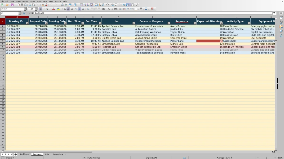 Capture 2 : feuille Bookings — lab booking tracker