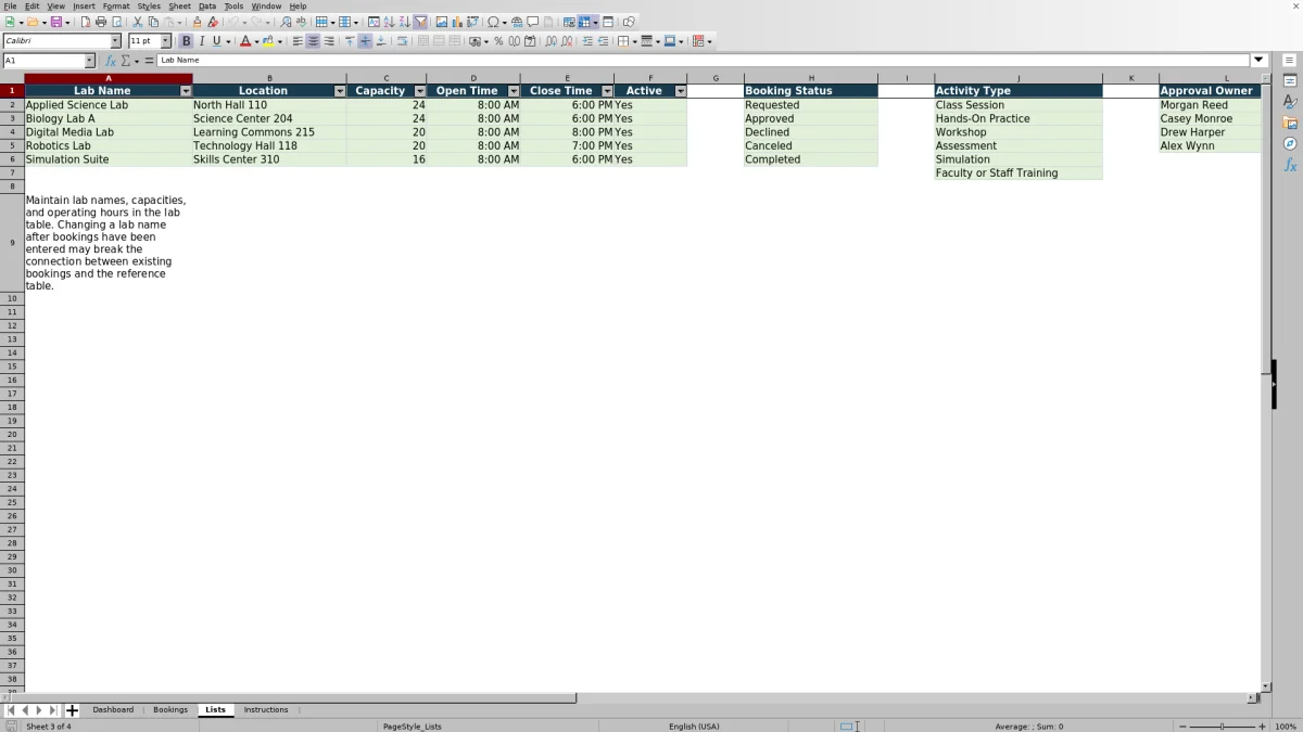 Capture 3 : feuille Lists — lab booking tracker