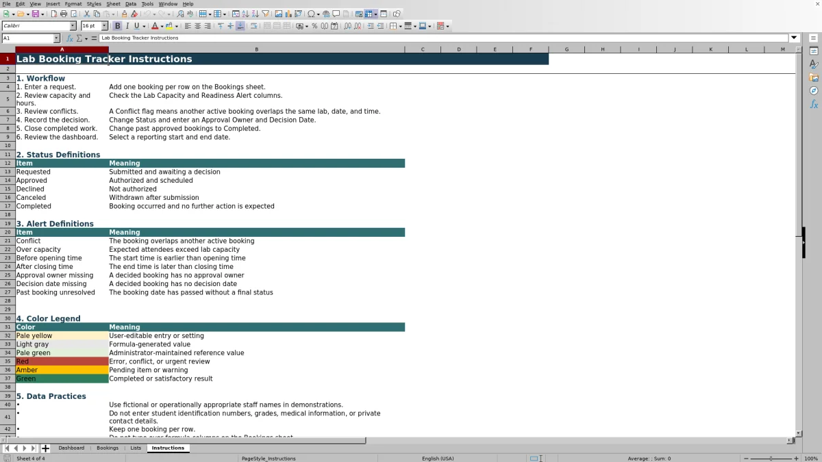 Capture 4 : feuille Instructions — lab booking tracker