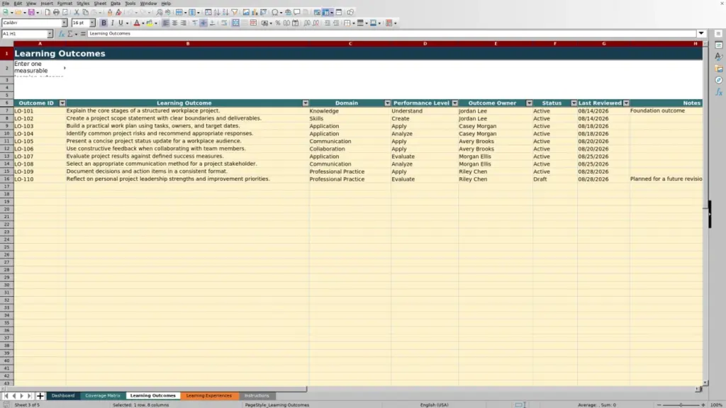 Preview of the Learning Outcomes sheet in Free Learning Outcome Coverage Matrix Excel Template 2026