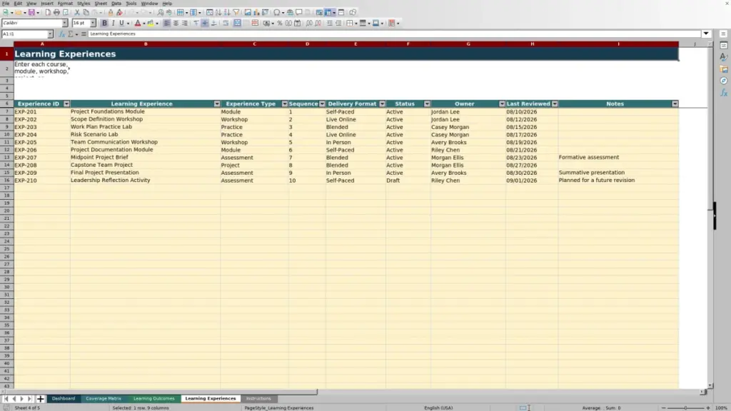 Preview of the Learning Experiences sheet in Free Learning Outcome Coverage Matrix Excel Template 2026