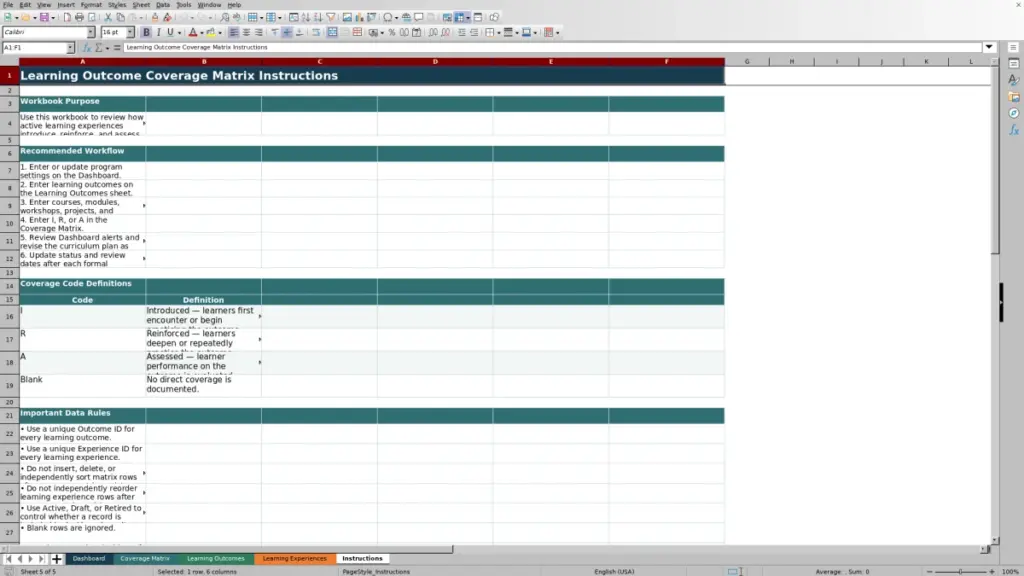 Preview of the Instructions sheet in Free Learning Outcome Coverage Matrix Excel Template 2026