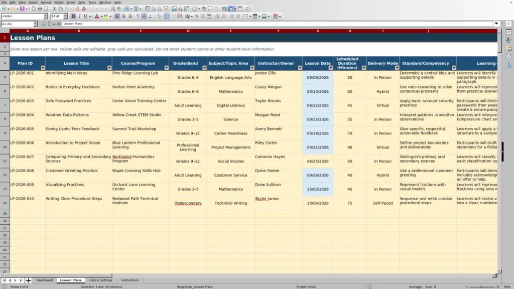 Preview of the Lesson Plans sheet in Free Lesson Plan Template for Excel 2026