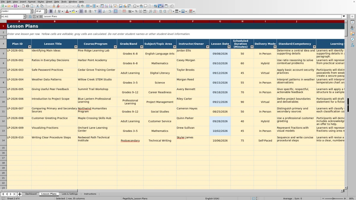 Capture 2 : feuille Lesson Plans — lesson plan template