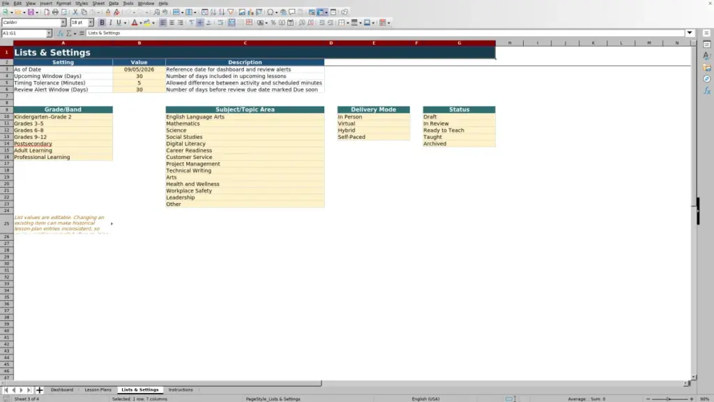 Preview of the Lists & Settings sheet in Free Lesson Plan Template for Excel 2026
