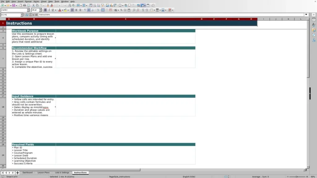 Preview of the Instructions sheet in Free Lesson Plan Template for Excel 2026