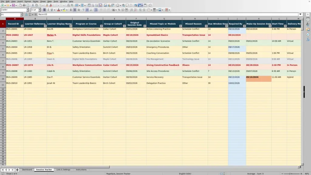 Preview of the Session Tracker sheet in Free Make-Up Session Tracker Excel Template 2026