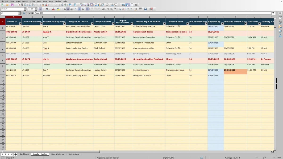 Capture 2 : feuille Session Tracker — make up session tracker