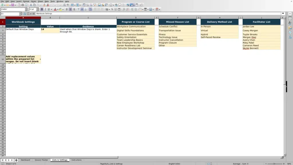 Preview of the Lists & Settings sheet in Free Make-Up Session Tracker Excel Template 2026