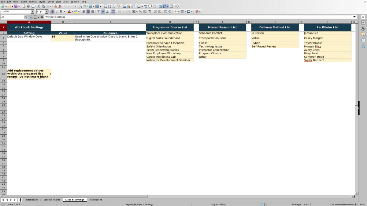 Capture 3 : feuille Lists & Settings — make up session tracker