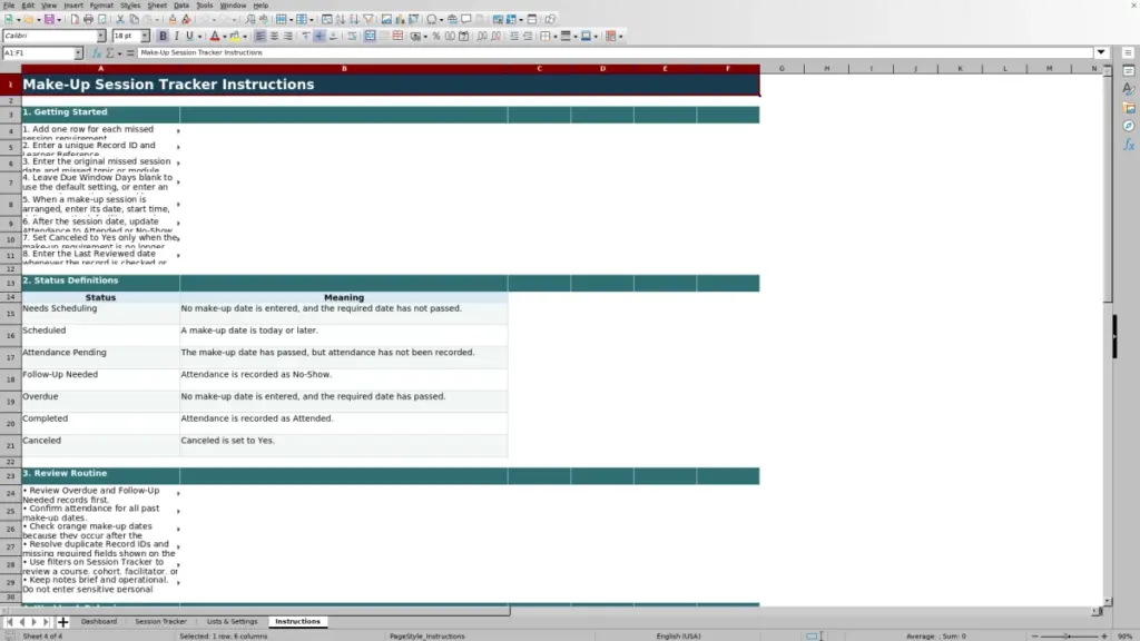 Preview of the Instructions sheet in Free Make-Up Session Tracker Excel Template 2026