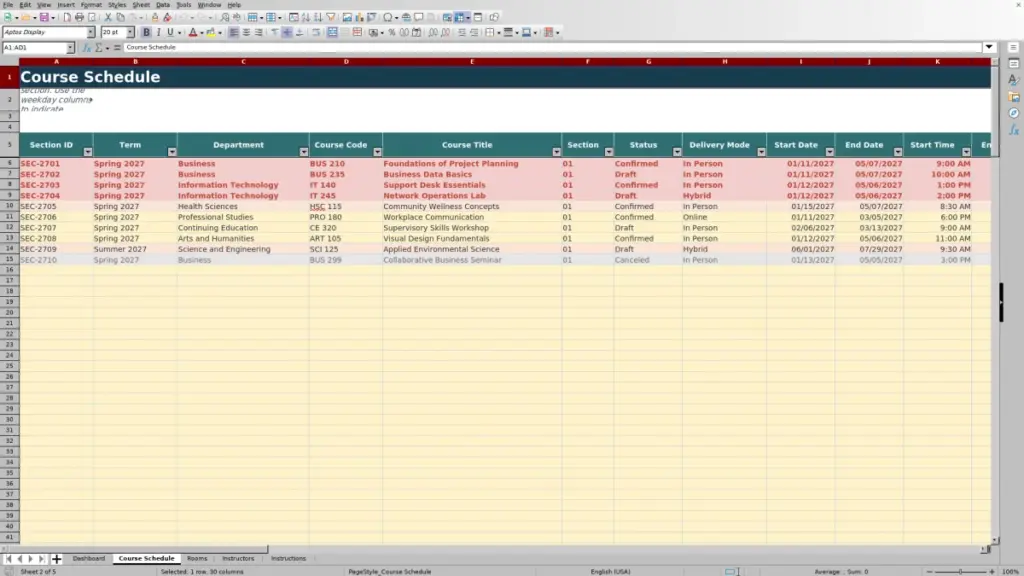 Preview of the Course Schedule sheet in Free Master Course Schedule Planner Excel Template 2026