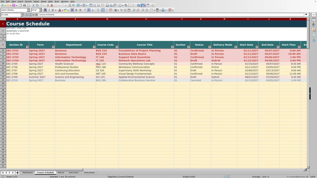 Capture 2 : feuille Course Schedule — master course schedule planner