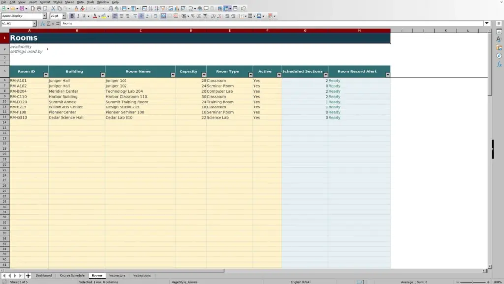 Preview of the Rooms sheet in Free Master Course Schedule Planner Excel Template 2026