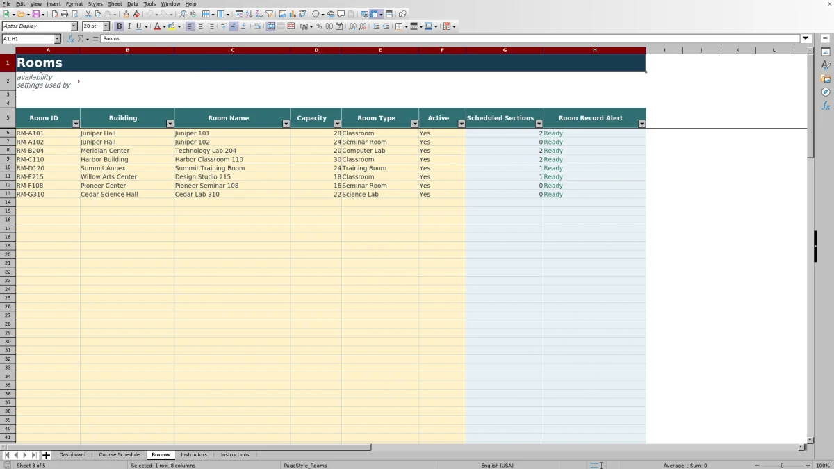 Capture 3 : feuille Rooms — master course schedule planner