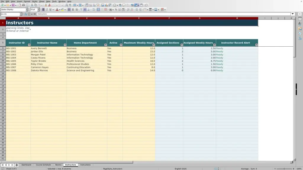 Preview of the Instructors sheet in Free Master Course Schedule Planner Excel Template 2026